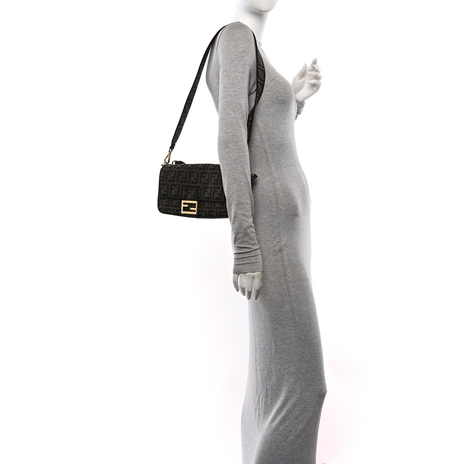 Fendi Fabric Jacquard FF 1974 Medium Baguette Tobacco Moro Black 2 of 11