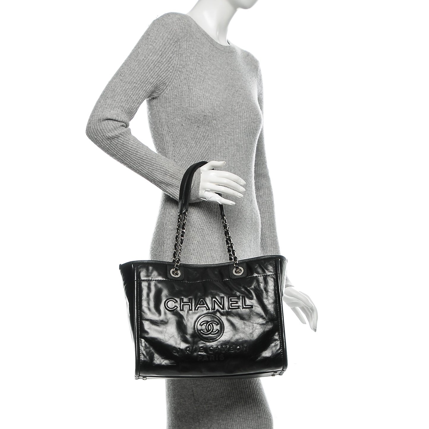 Glazed Calfskin Small Deauville Tote Black