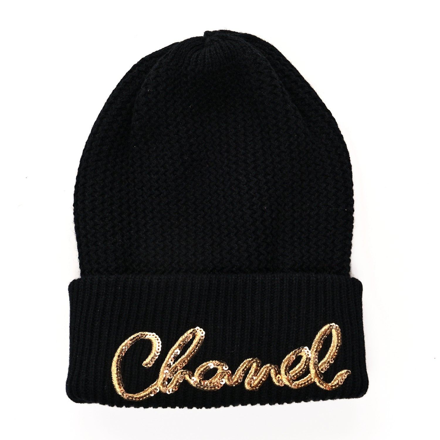 Chanel Cashmere Sequin Logo Beanie Hat Black Gold 1 of 4