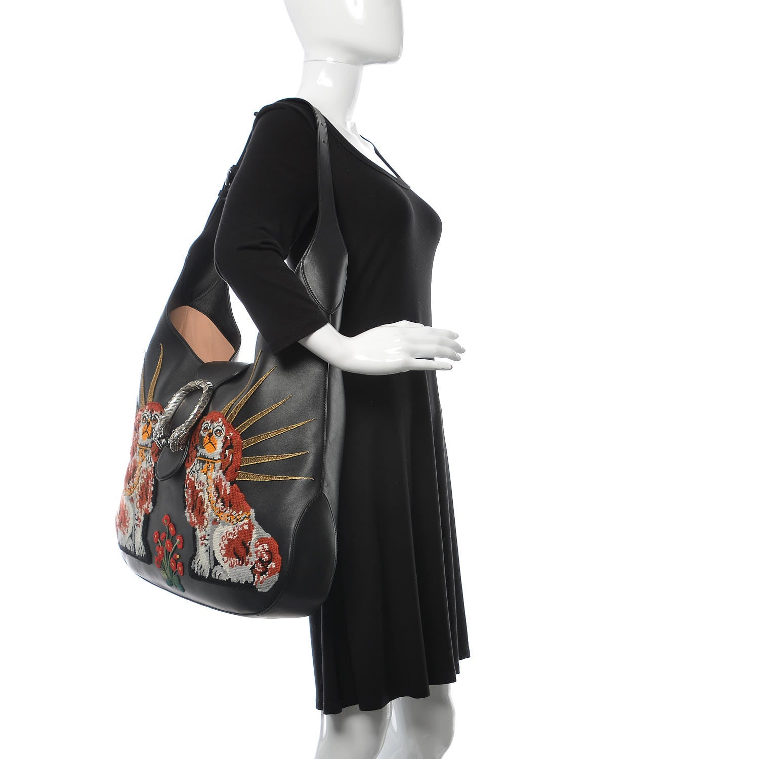 Gucci Calfskin Dog Embroidered Extra Large Dionysus Hobo Black 2 of 9