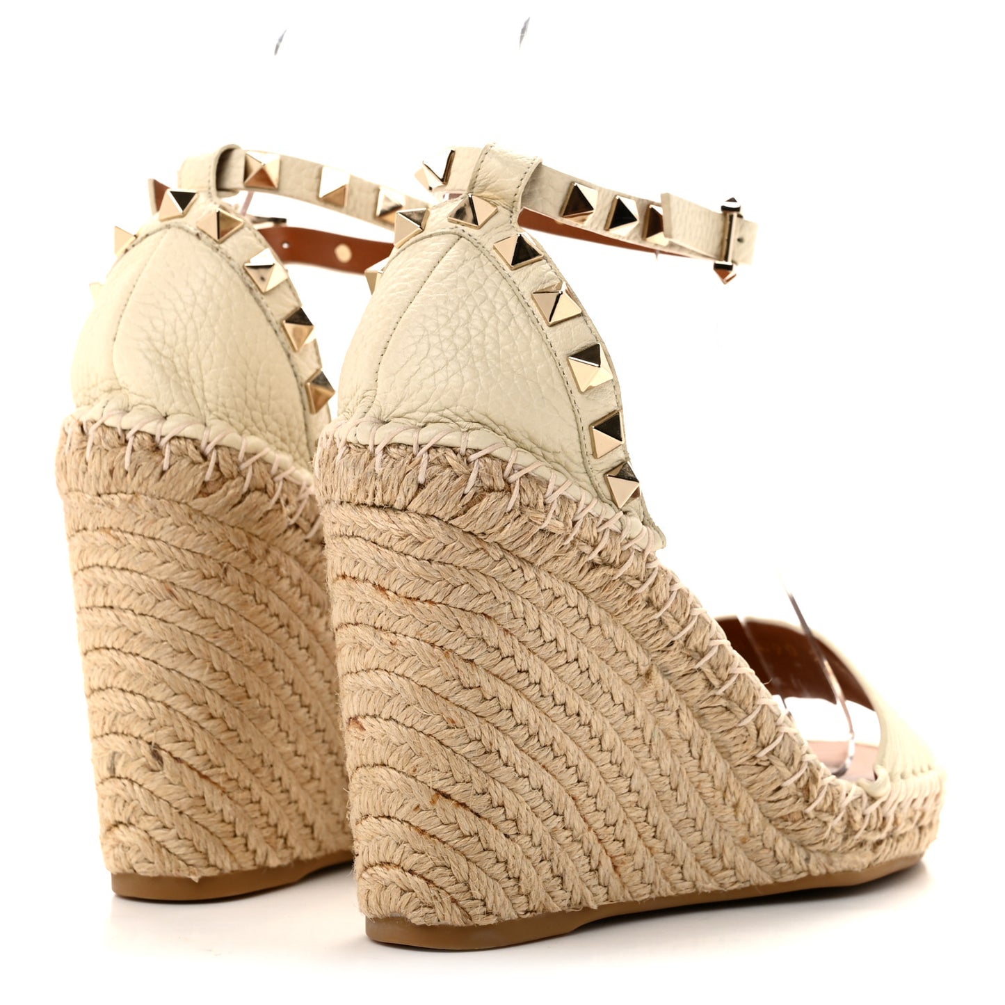 Grained Calfskin Rockstud Ankle Strap Espadrille 15/105mm Wedge Sandals 35 Light Ivory Natural