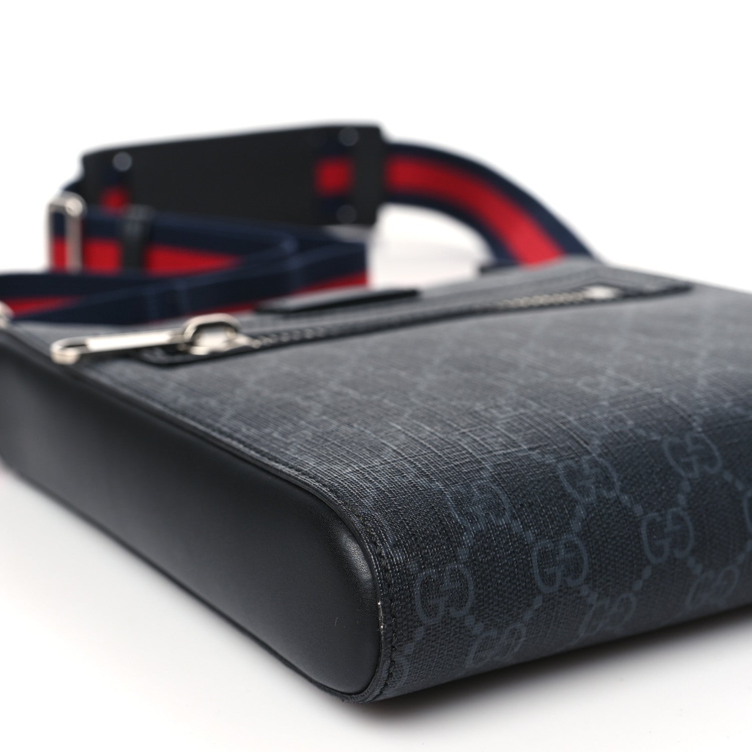 Gucci GG Supreme Monogram Web Small Flat Messenger Bag Black Grey 9 of 10