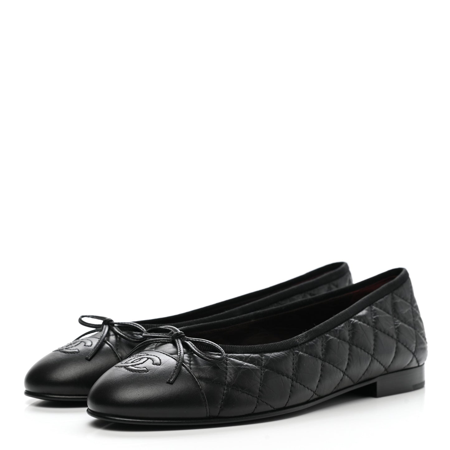 Aged Calfskin Quilted Cap Toe Ballerina Flats 38 Black