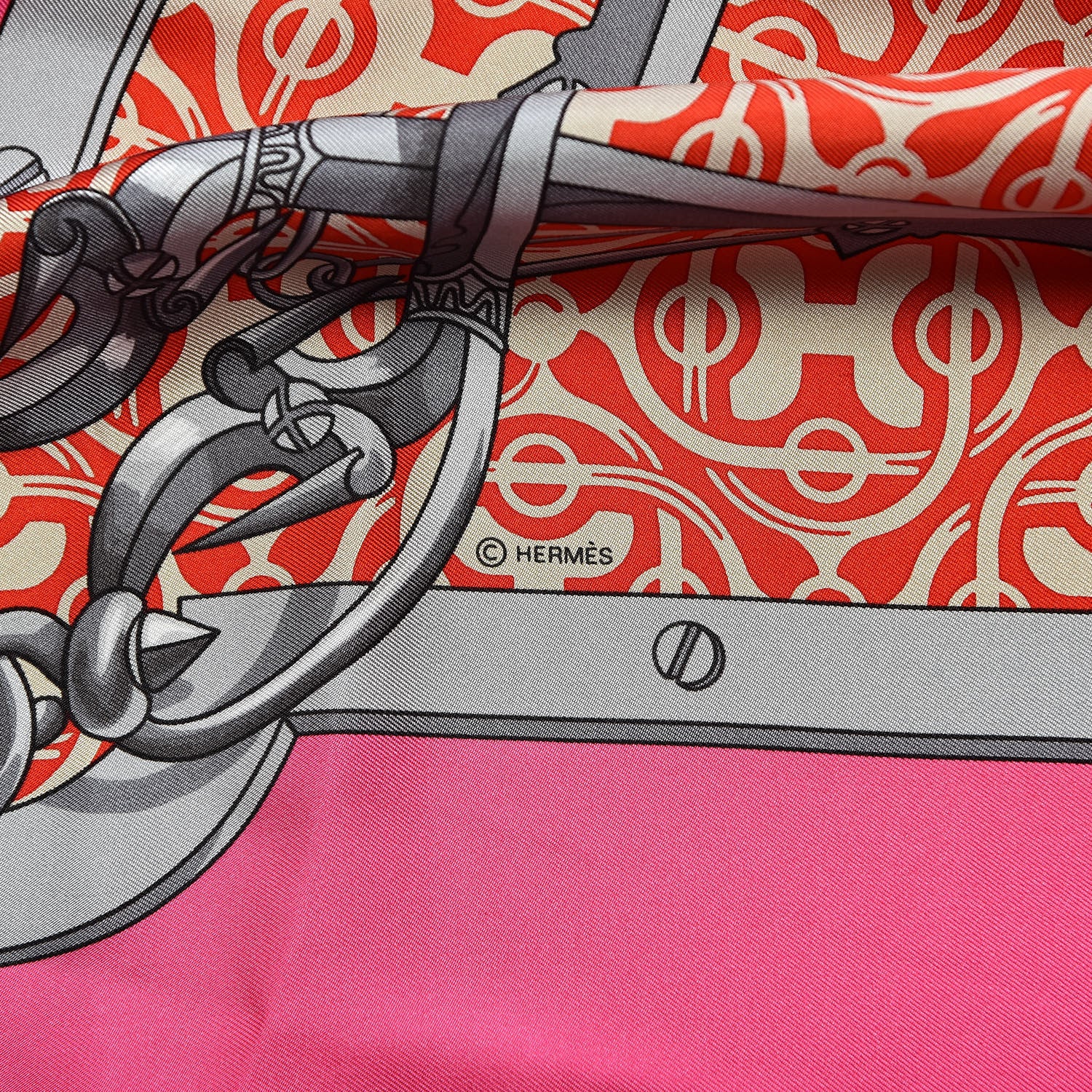 Hermes Cashmere Silk Mors Et Gourmettes Remix Shawl 140 Rose Vif Rouge Gris 5 of 6