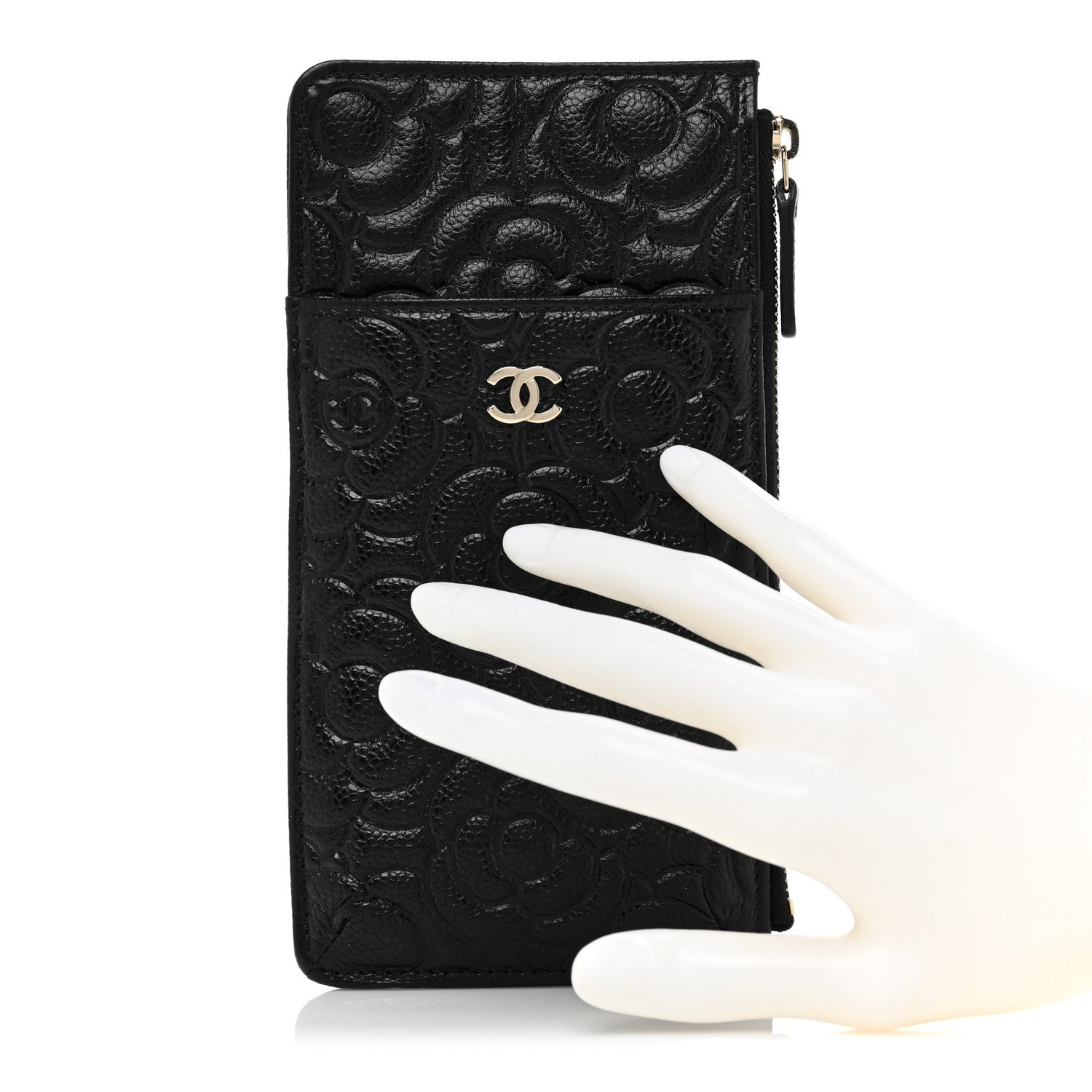Chanel Caviar Camellia Embossed Classic Flat Wallet Pouch Black 2 of 9