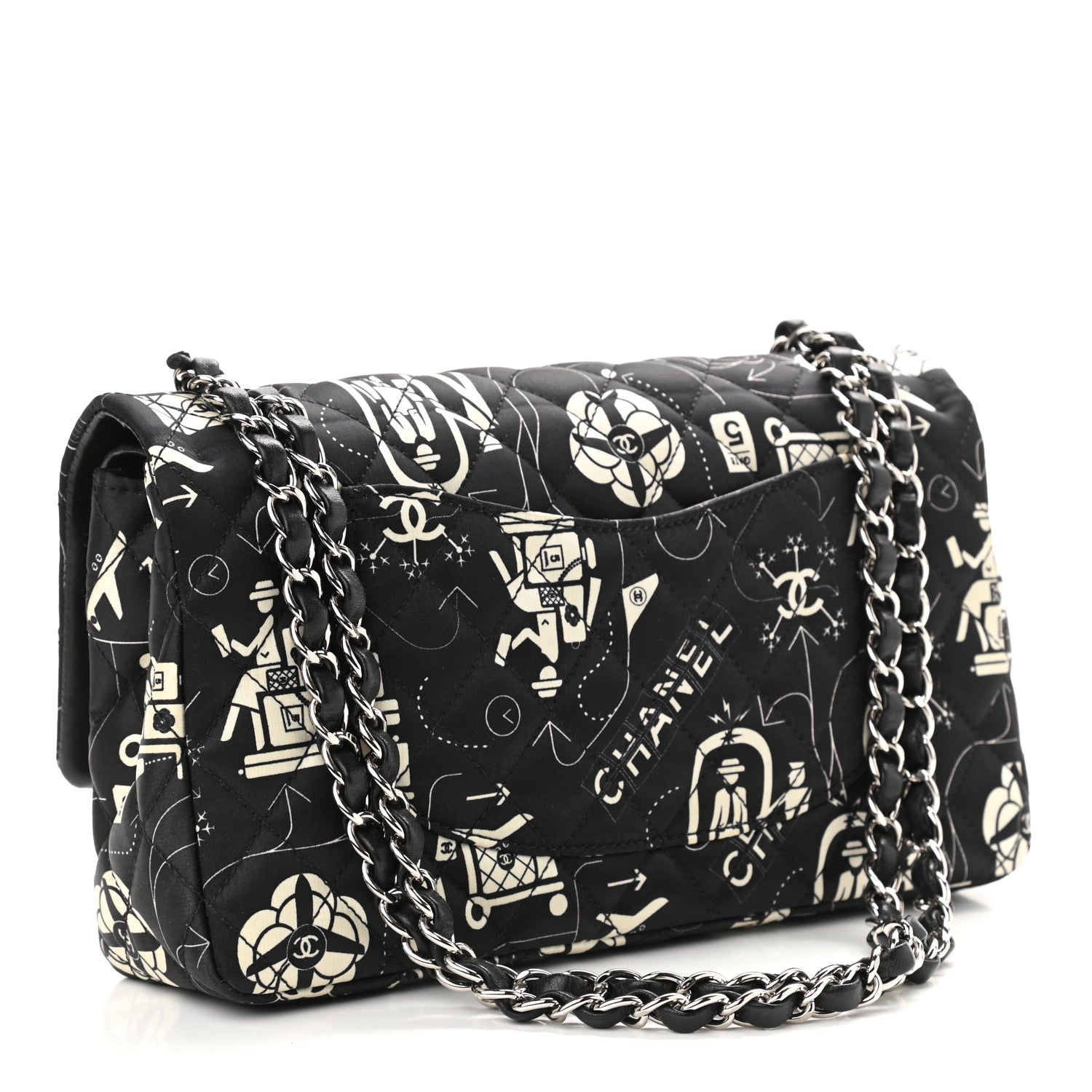 Chanel Satin Airline Printed Medium Double Flap Black White 3 of 10