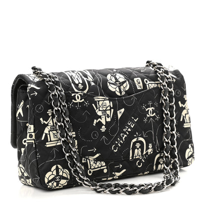 Chanel Satin Airline Printed Medium Double Flap Black White 3 of 10