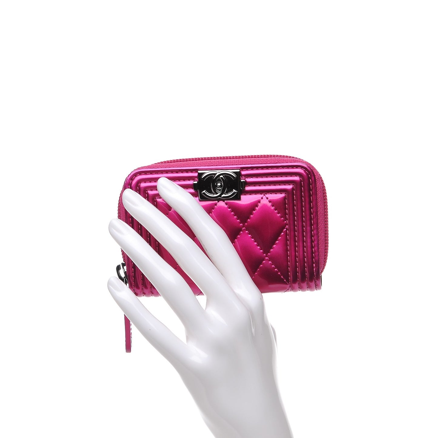 Metallic Patent Quilted Zip Around Boy Coin Purse Wallet Fuchsia