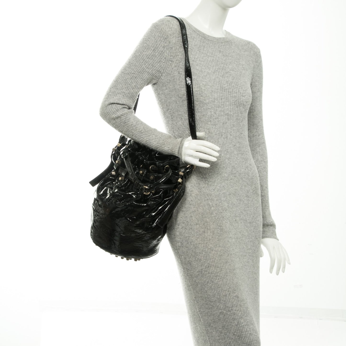 Patent Diego Bucket Bag Black Brass Hardware