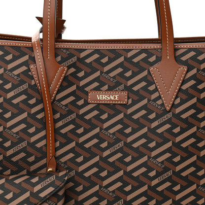 Versace Coated Canvas Calfskin La Greca Signature Shopper Tote Bag Black Caramel 8 of 12
