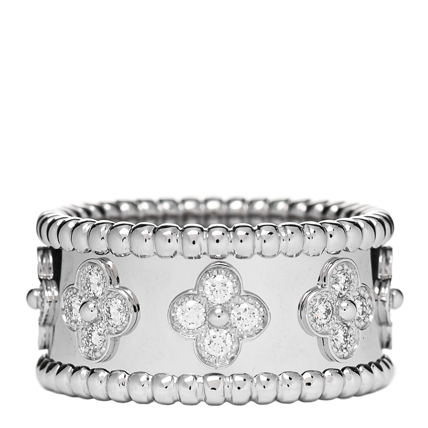 18K White Gold Diamond Medium Perlee Clover Band Ring 55 7.25