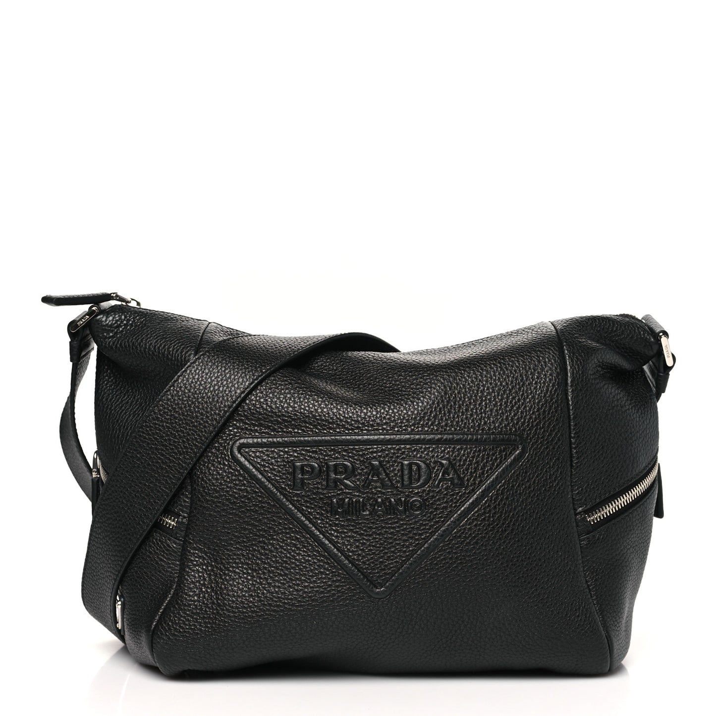 Vitello Daino Triangle Logo Embossed Shoulder Bag Black
