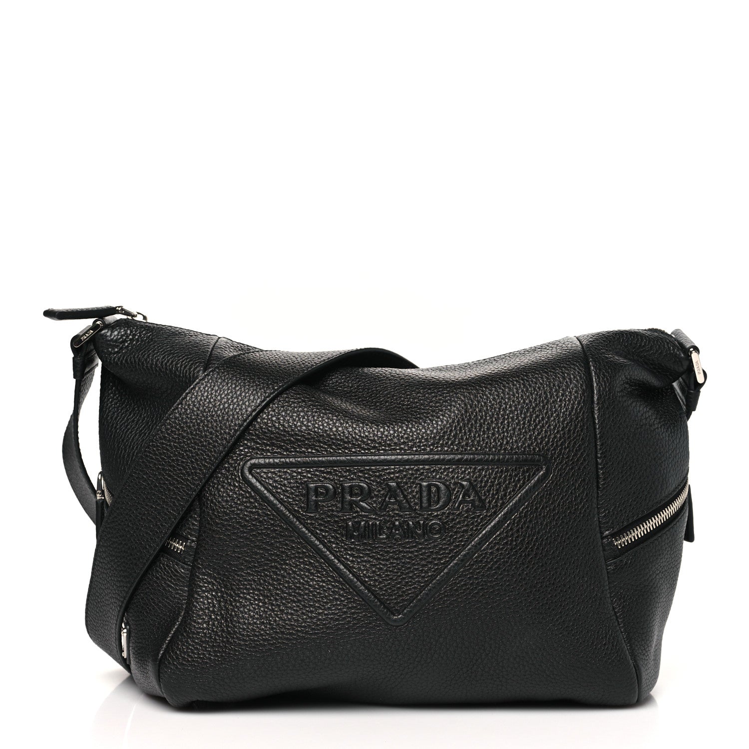 Prada Vitello Daino Triangle Logo Embossed Shoulder Bag Black 1 of 9