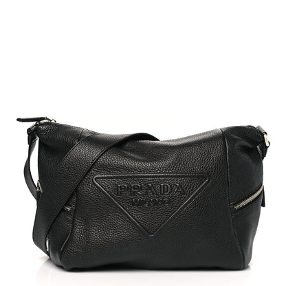 Prada Vitello Daino Triangle Logo Embossed Shoulder Bag Black 1 of 9