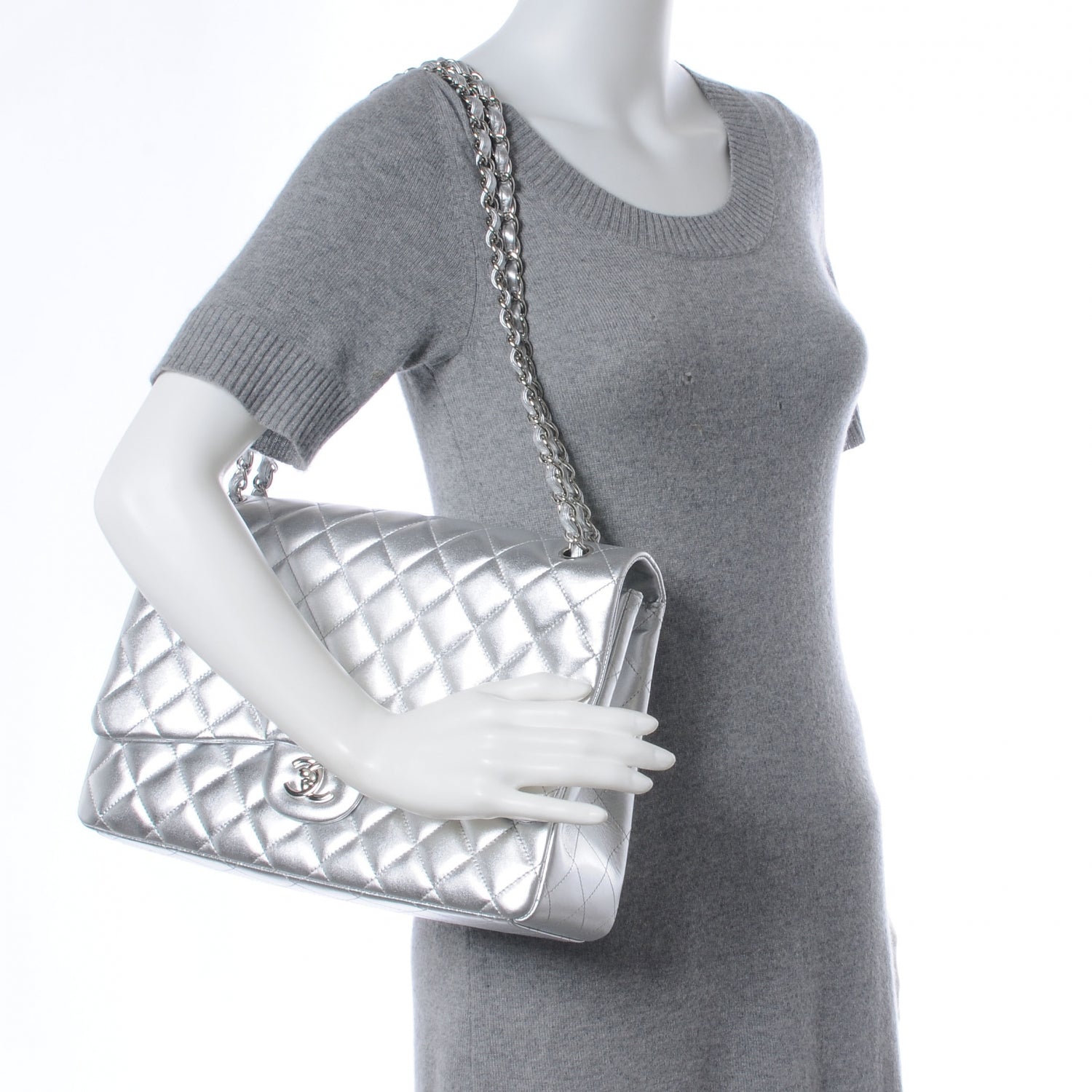 Chanel Metallic Lambskin Quilted Jumbo Single Flap Silver 2 of 7