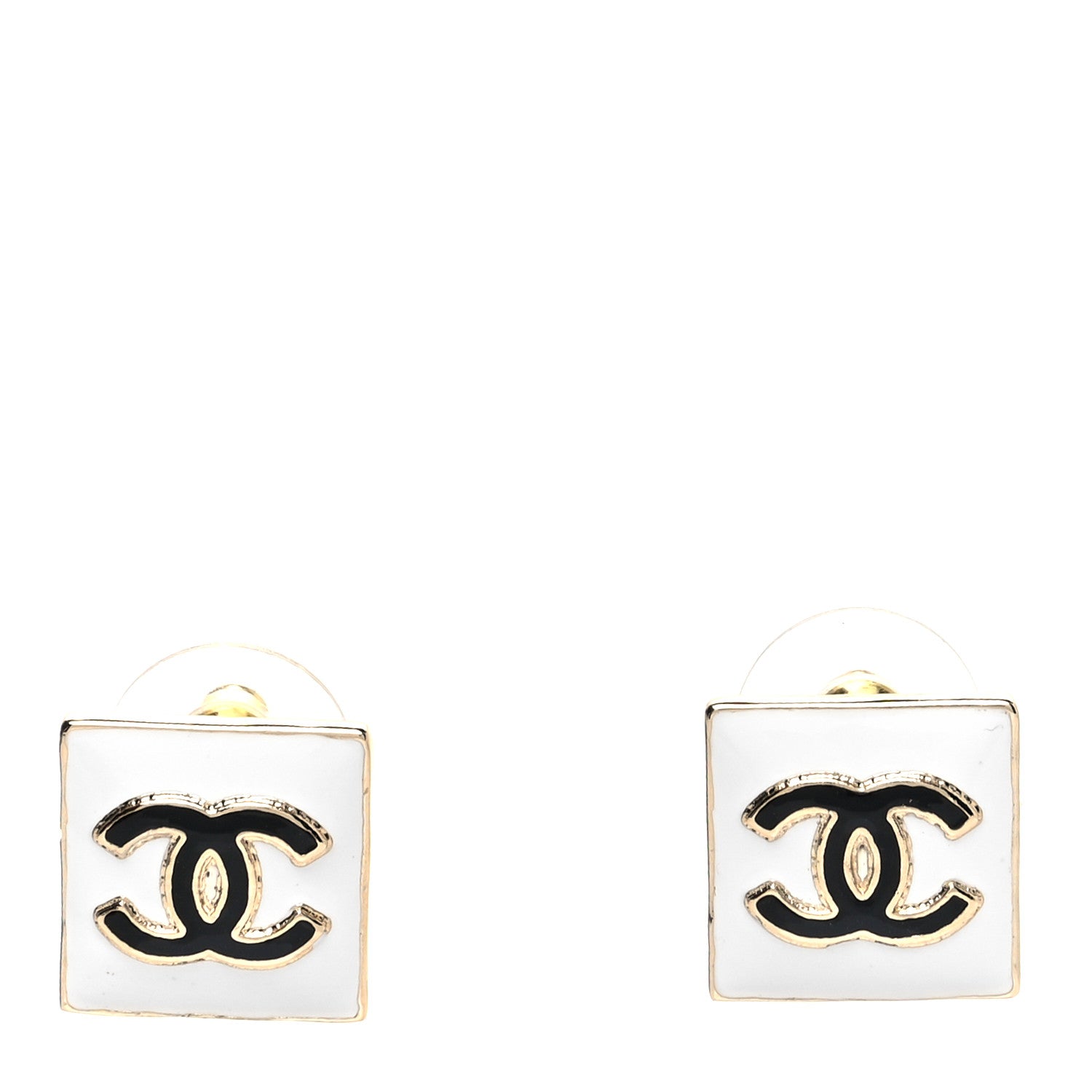 Chanel Metal Enamel CC Square Earrings Gold Black White 1 of 4