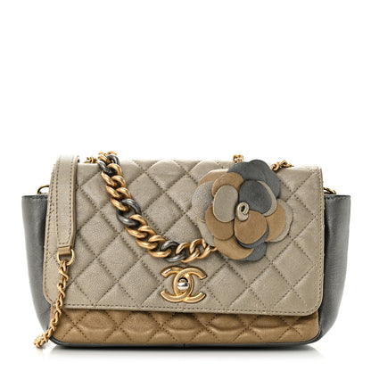 Chanel Metallic Lambskin Quilted Camellia Flower Flap Pale Gold Silver Dark Gold 1 of 10
