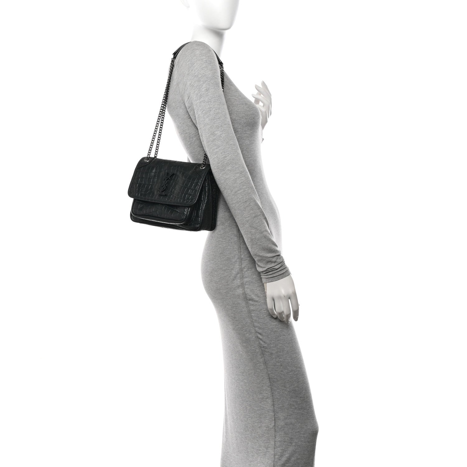 Saint Laurent Calfskin Crocodile Embossed Matelasse Monogram Baby Niki Chain Satchel Algea 2 of 10