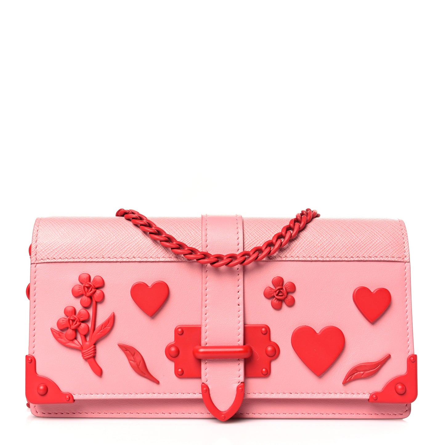 Saffiano City Calf Heart & Flower Mini Cahier Crossbody Bag Pink Red