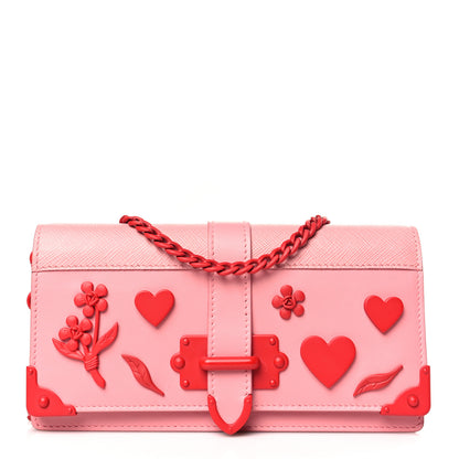 Prada Saffiano City Calf Heart & Flower Mini Cahier Crossbody Bag Pink Red 1 of 9