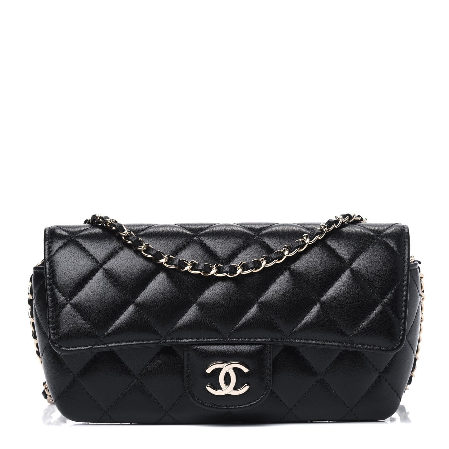 Lambskin Quilted Glasses Case With Chain Black