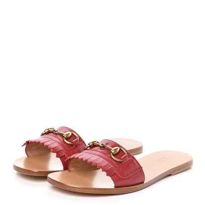 Gucci Malaga Kid Fringe Horsebit Slide Sandals 37.5 Hibiscus Red 3 of 9