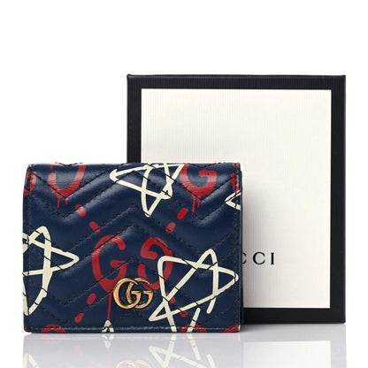 Gucci Calfskin Matelasse GucciGhost GG Marmont Card Case Blue Agata Hibiscus Red 19 of 19