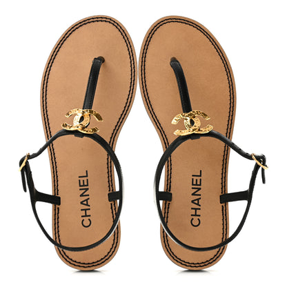 Chanel Lambskin CC Thong Sandals 38.5 Black Gold 2 of 11