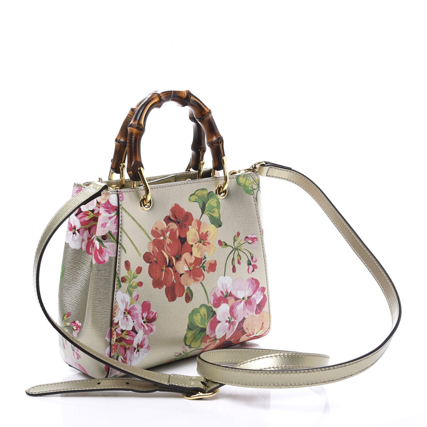 Metallic Shangai Calfskin Blooms Print Mini Bamboo Shopper Tote Gold Multicolor