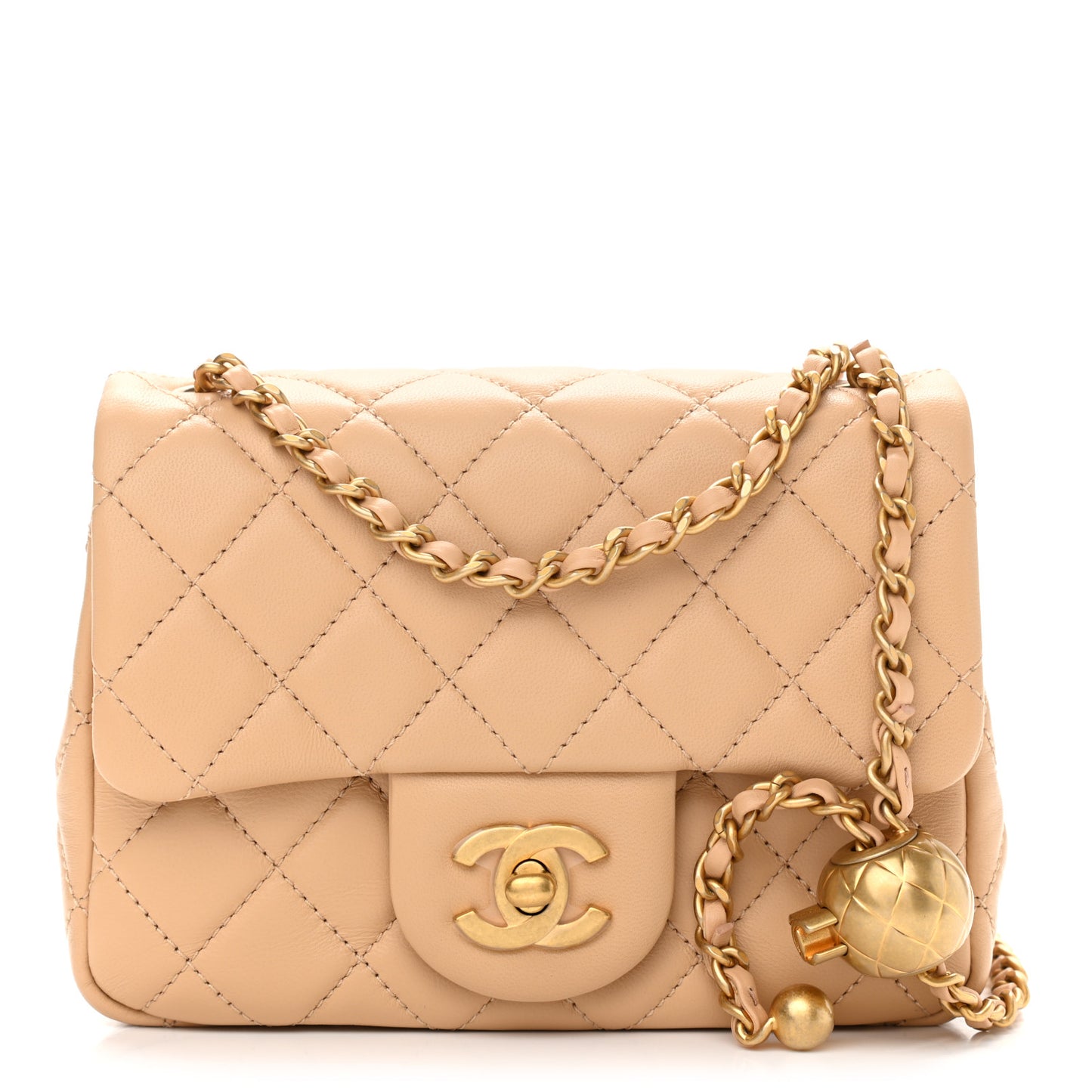 Lambskin Quilted Mini Pearl Crush Flap Beige