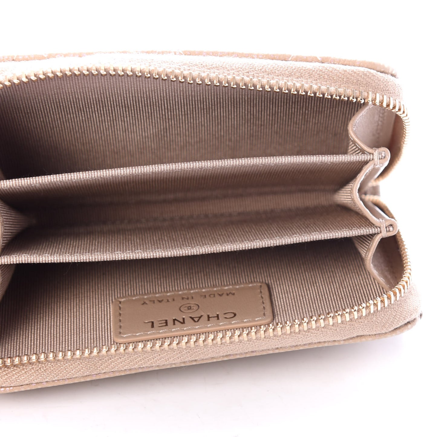 Iridescent Caviar Quilted Zip Around Coin Purse Beige