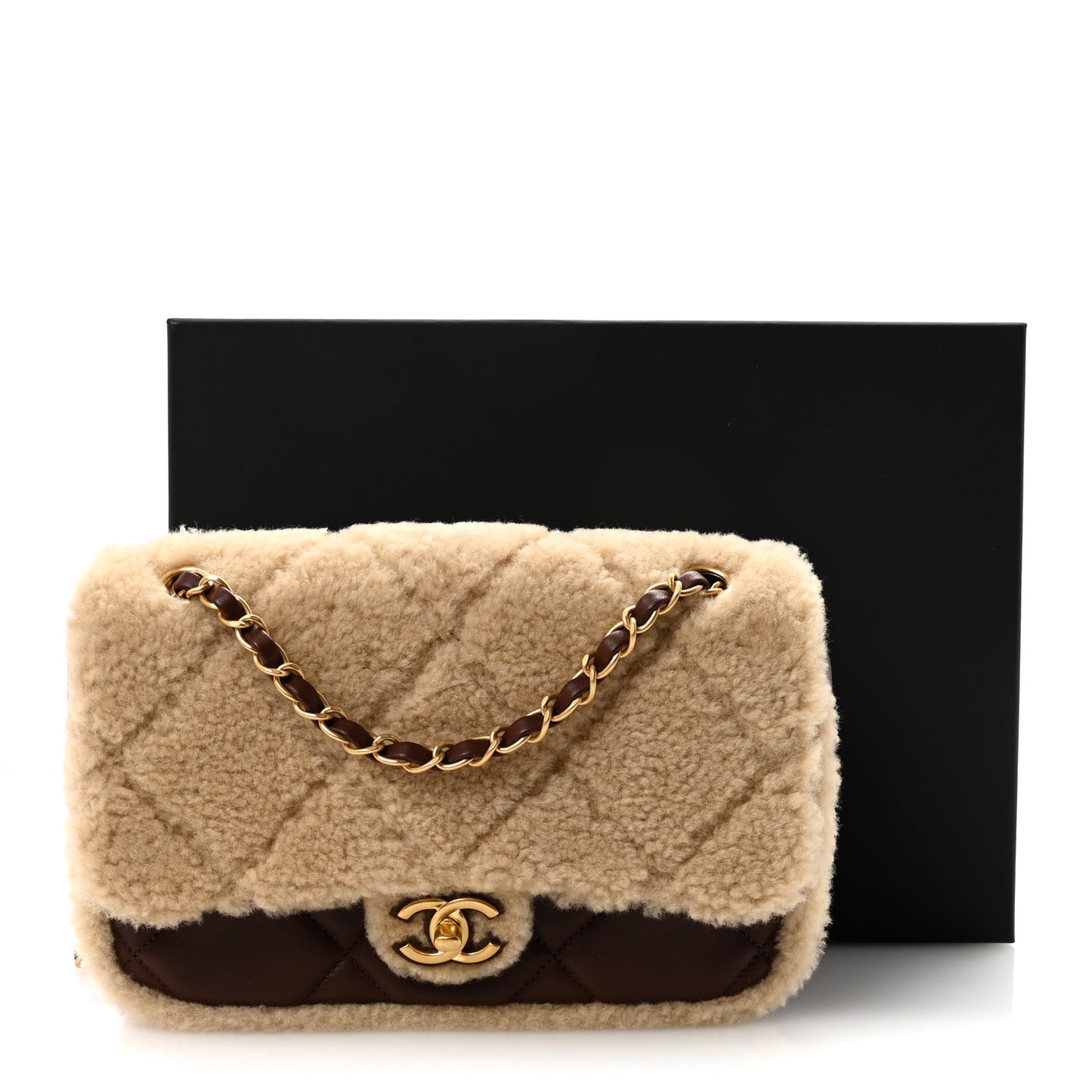 Shearling Lambskin Quilted Furry Coco Flap Beige Dark Brown
