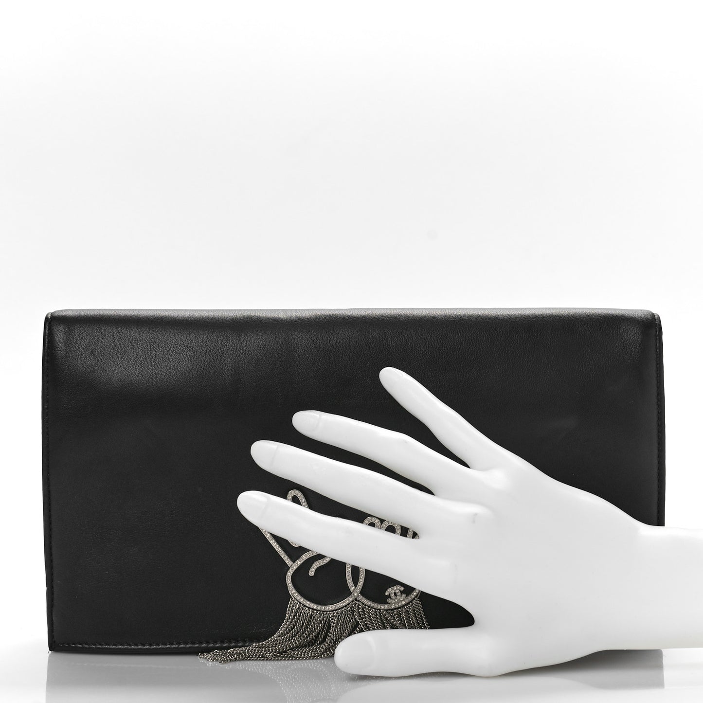 Lambskin Strass Crystal Peace Sign Emoji Fold Over Clutch Black