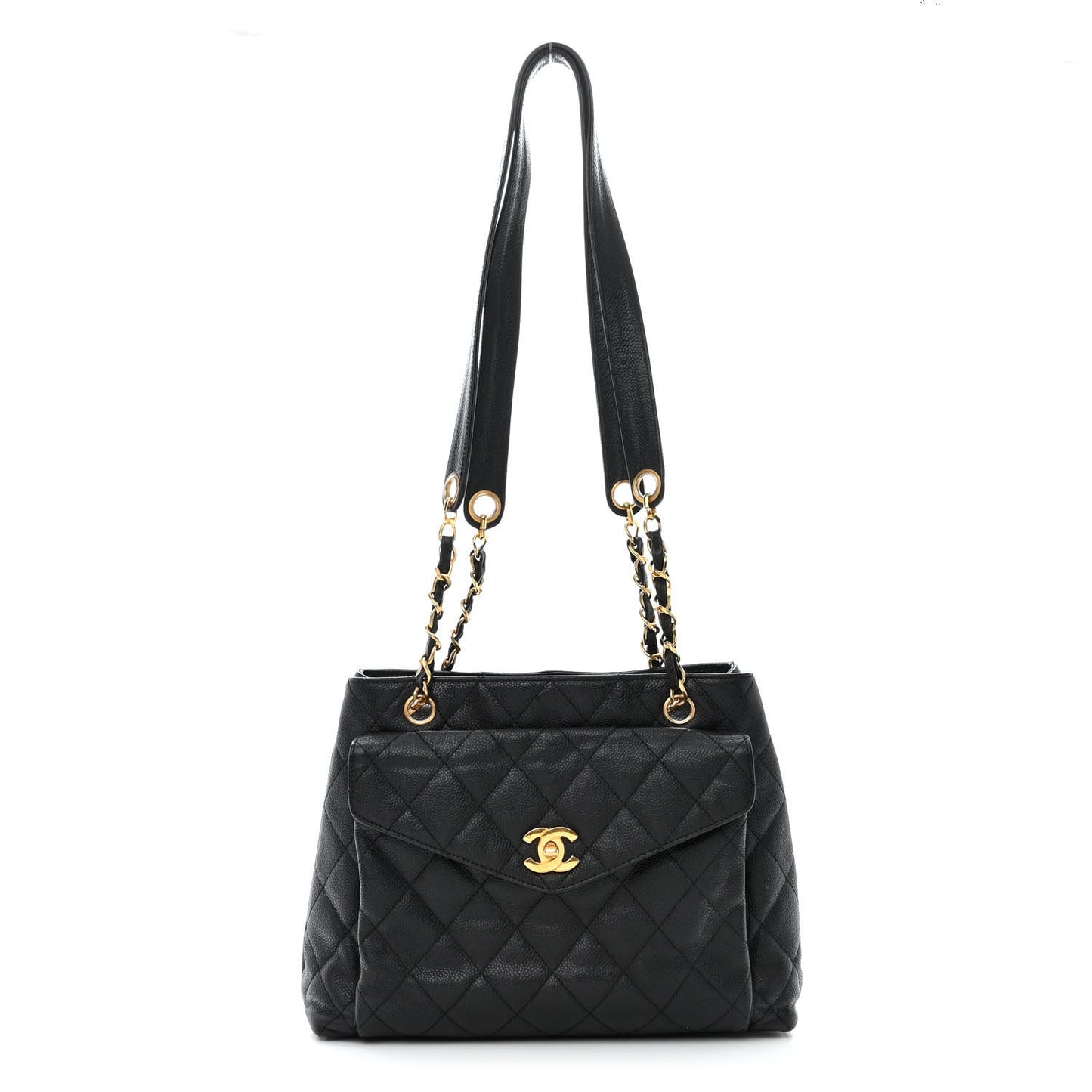 Caviar Quilted Pocket Shopping Tote Black