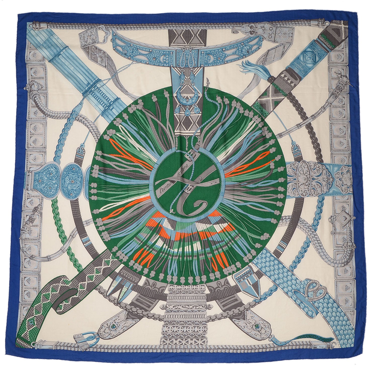Hermes Cashmere Silk Ceintures et Liens Shawl 140 Bleu Klein Blanc Vert 3 of 6
