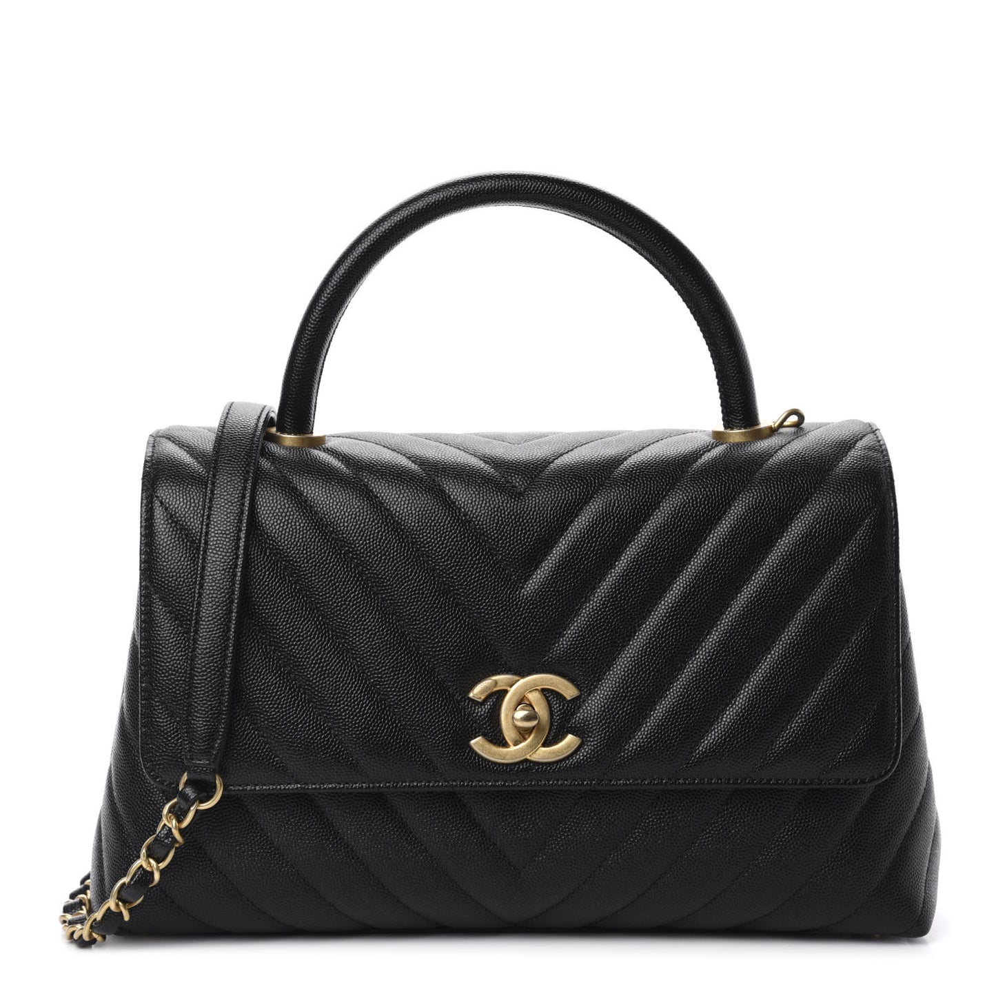Caviar Chevron Quilted Small Coco Handle Flap Black