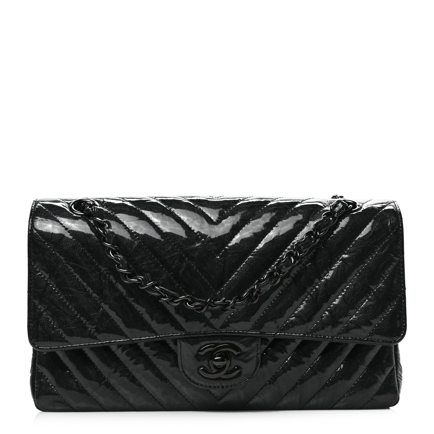Chanel Metallic Patent Crumpled Calfskin Chevron Quilted Medium Double Flap So Black 1 of 9