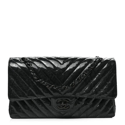 Chanel Metallic Patent Crumpled Calfskin Chevron Quilted Medium Double Flap So Black 1 of 9