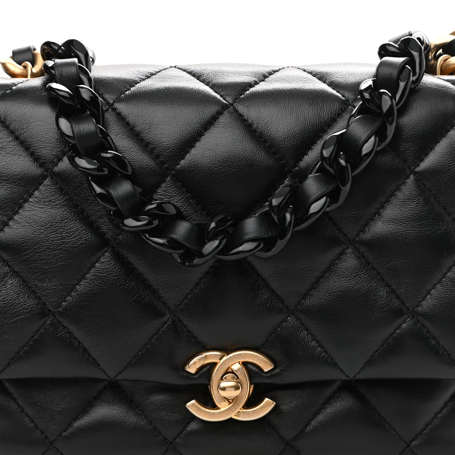 Lambskin Quilted Small Lacquered Chain Flap Black