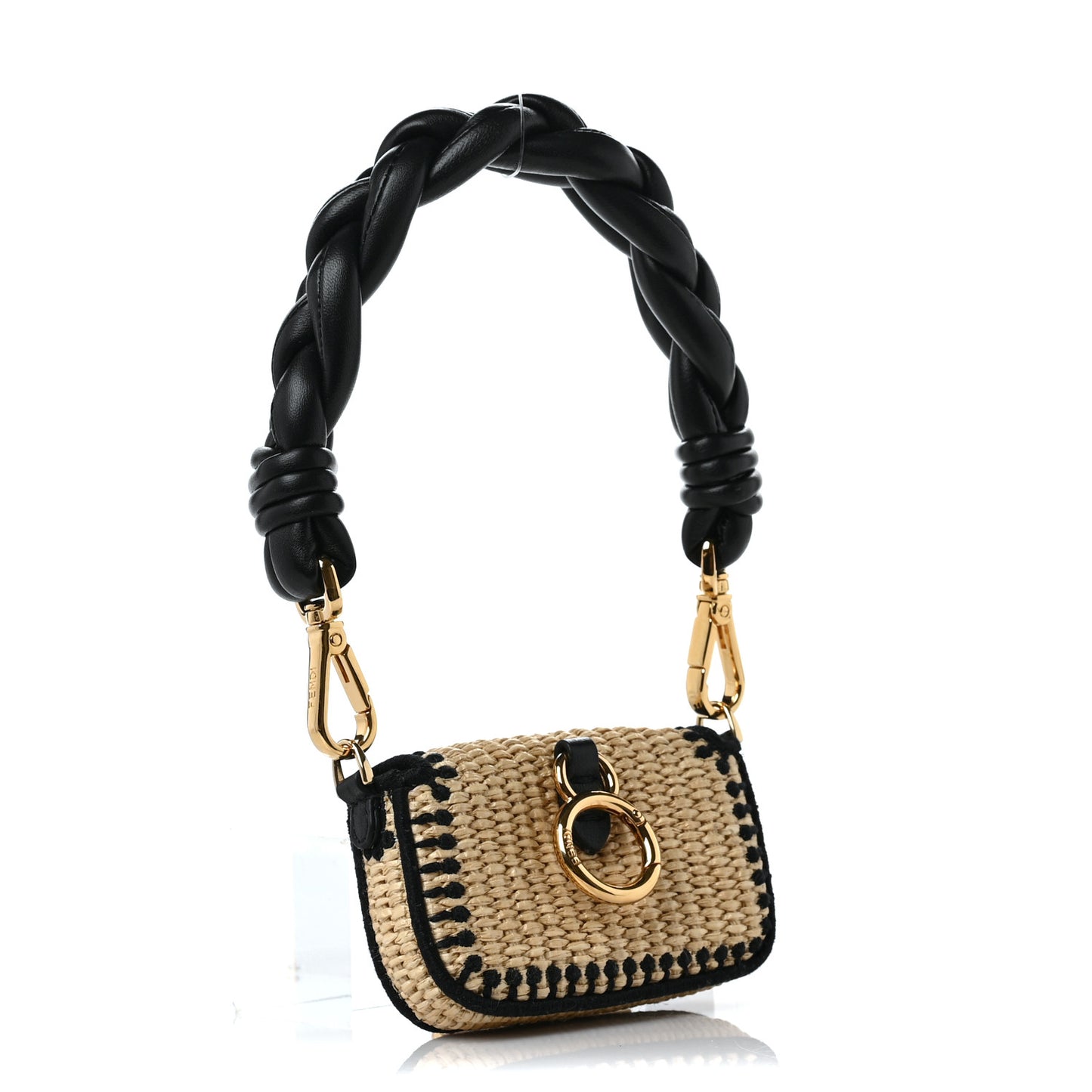 Straw Shiny Nappa Woven Nano Baguette Maxi Handle Charm Natural Black