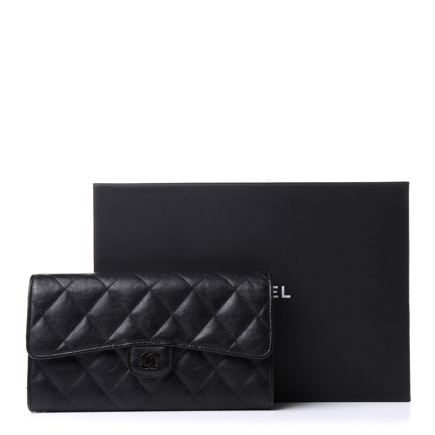 Crumpled Calfskin Quilted Large Flap Wallet So Black
