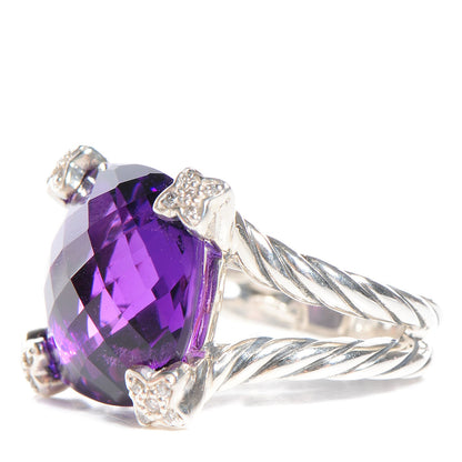 David Yurman Sterling Silver Amethyst Pave Diamond 15mm Cushion On Point Ring 7 3 of 5