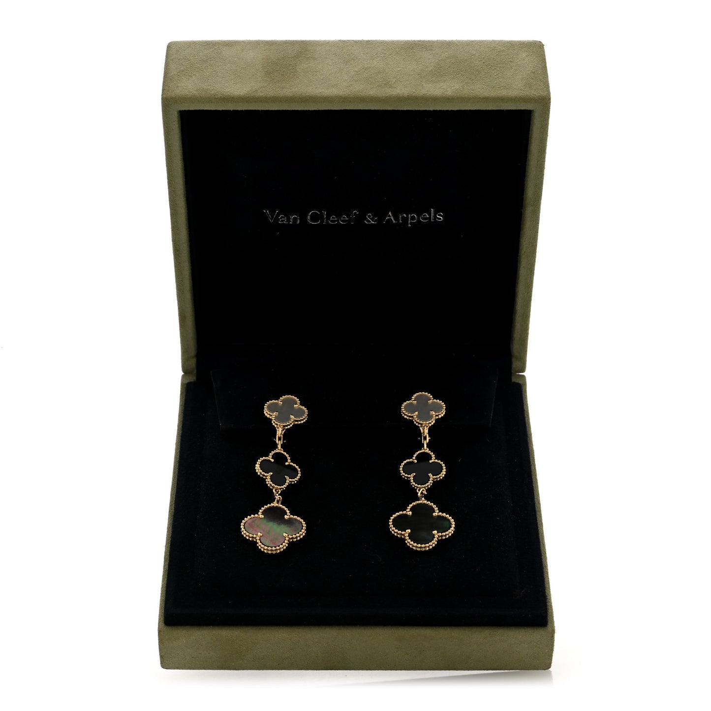 18K Yellow Gold Mother of Pearl Black Onyx 3 Motifs Magic Alhambra Earrings