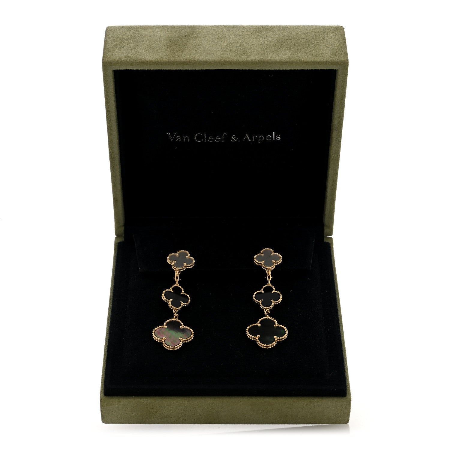 Van Cleef & Arpels 18K Yellow Gold Mother of Pearl Black Onyx 3 Motifs Magic Alhambra Earrings 5 of 5