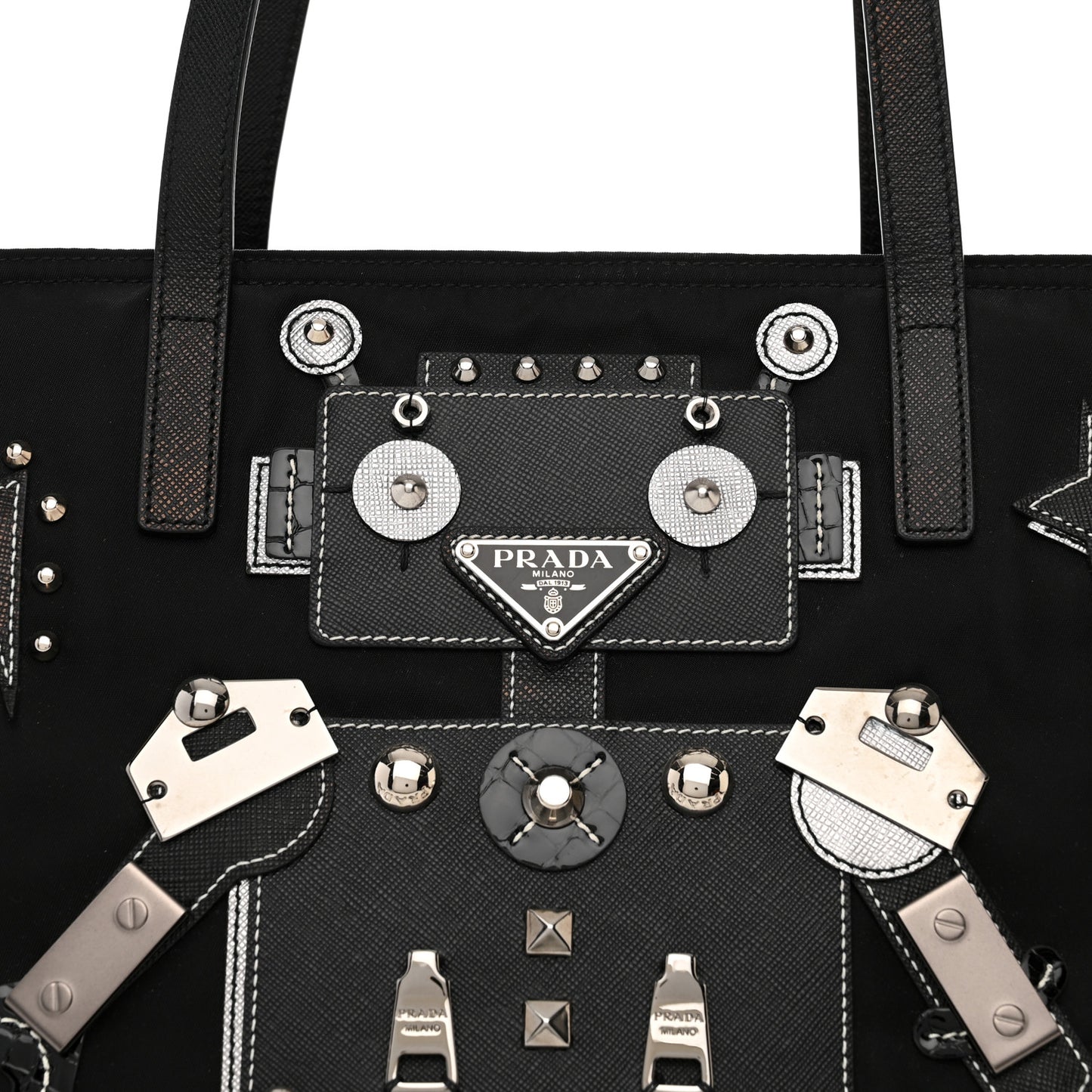 Nylon Tessuto Saffiano Robot Tote Bag Black