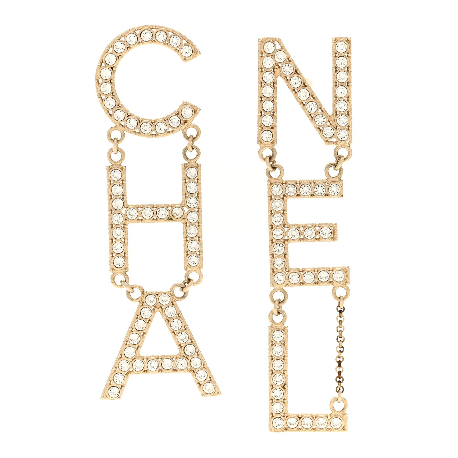 Chanel Crystal Cha-Nel Logo Drop Earrings Gold 1 of 4