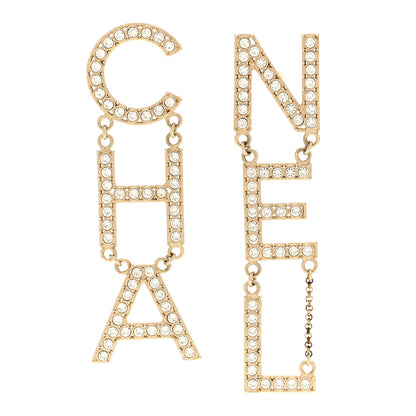 Chanel Crystal Cha-Nel Logo Drop Earrings Gold 1 of 4