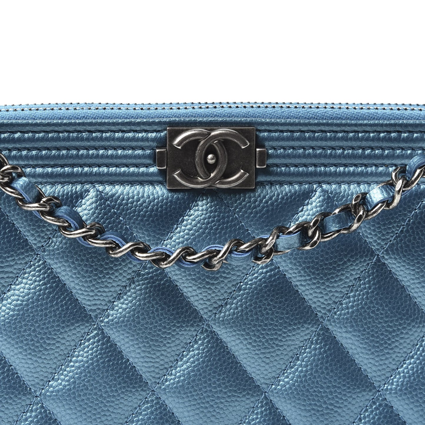 Metallic Caviar Quilted Small Boy Clutch With Chain Turquoise