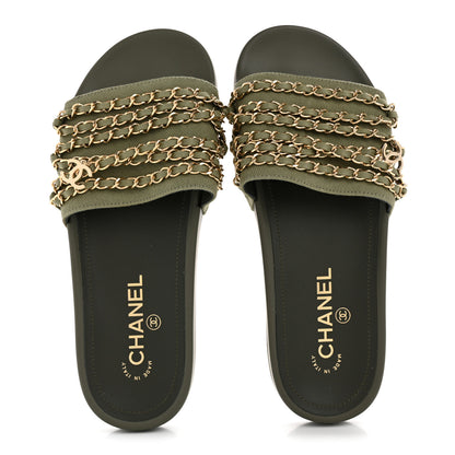 Chanel Satin Canvas Chain Slides Sandals Flats 38 Khaki 2 of 9
