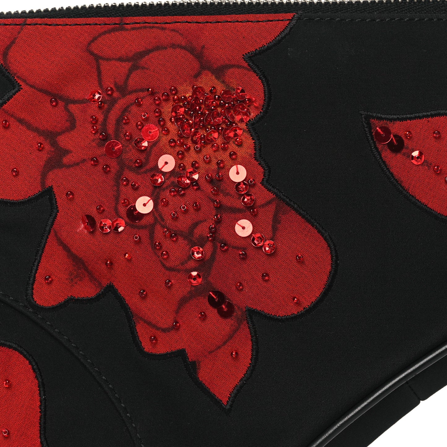 Canvas Stitched Flower Sequins Mini Saddle Pochette Black Red